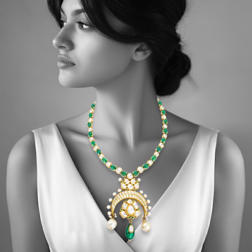 Inverted Chand Polki Necklace with Emeralds and Pearls
